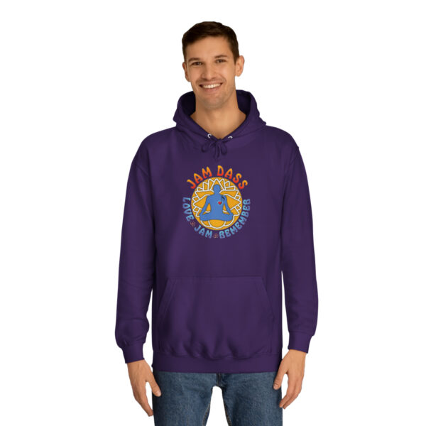 A man wearing a purple hoodie with the words " join baba " on it.