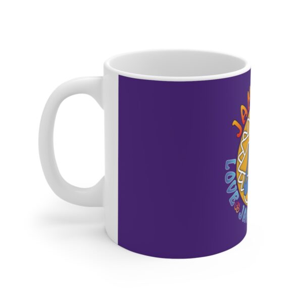 A purple mug with a colorful design on it.
