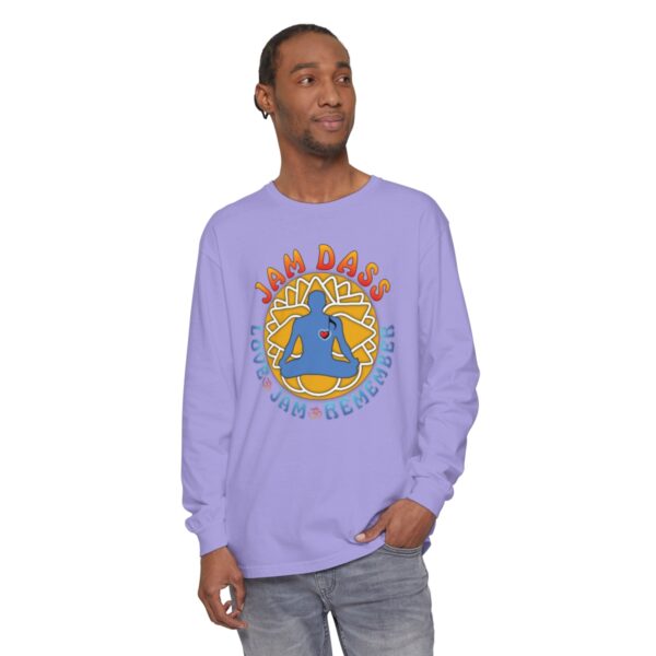 A man wearing a long sleeve t-shirt with an image of a buddha.